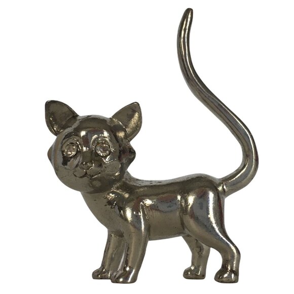 Unbranded Jewelry - Vintage Cat Ring Holder Jewelry Display Silver Color Rhinestone Eyes Figurine